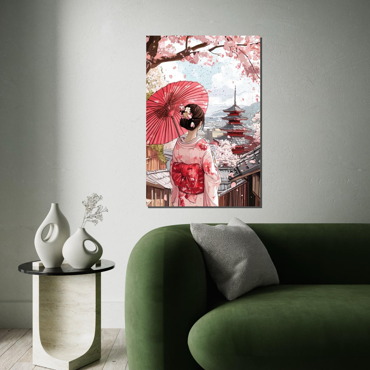 Cherry Blossom Geisha Canvas Print – Serene Japanese Kimono Girl,Temple Wall Art for Living Room, Bedroom, Zen Home Decor