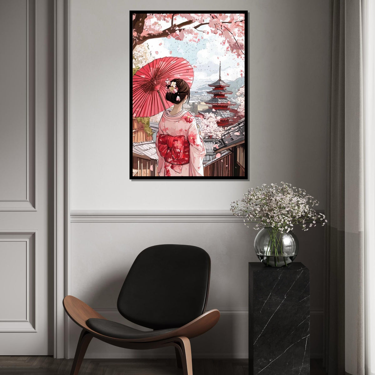 Cherry Blossom Geisha Canvas Print – Serene Japanese Kimono Girl,Temple Wall Art for Living Room, Bedroom, Zen Home Decor