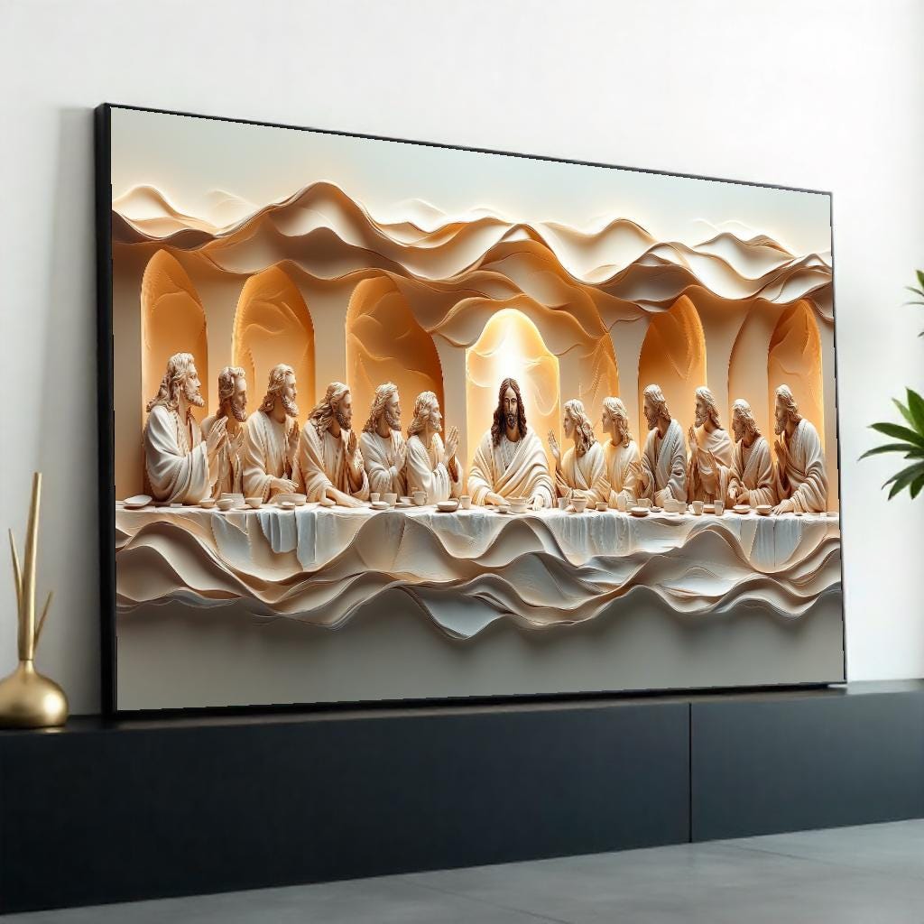 Textured 3D Embossed Oil Painting Style “The Last Supper” Canvas Print – Sculptural Biblical Wall Decor for Dining Room, Church, Home