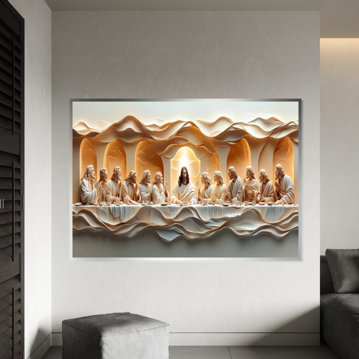 Textured 3D Embossed Oil Painting Style “The Last Supper” Canvas Print – Sculptural Biblical Wall Decor for Dining Room, Church, Home