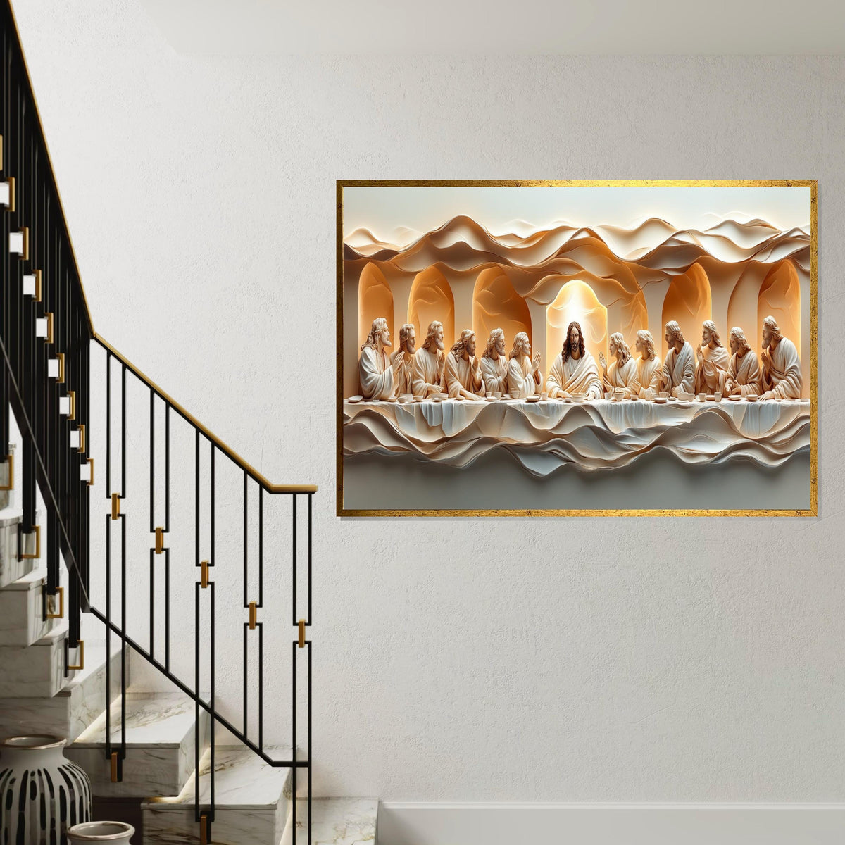 Textured 3D Embossed Oil Painting Style “The Last Supper” Canvas Print – Sculptural Biblical Wall Decor for Dining Room, Church, Home
