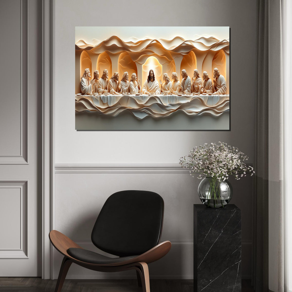 Textured 3D Embossed Oil Painting Style “The Last Supper” Canvas Print – Sculptural Biblical Wall Decor for Dining Room, Church, Home
