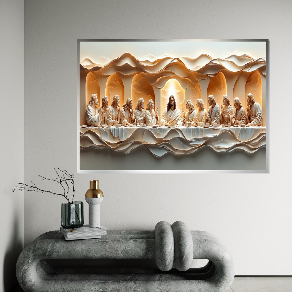 Textured 3D Embossed Oil Painting Style “The Last Supper” Canvas Print – Sculptural Biblical Wall Decor for Dining Room, Church, Home
