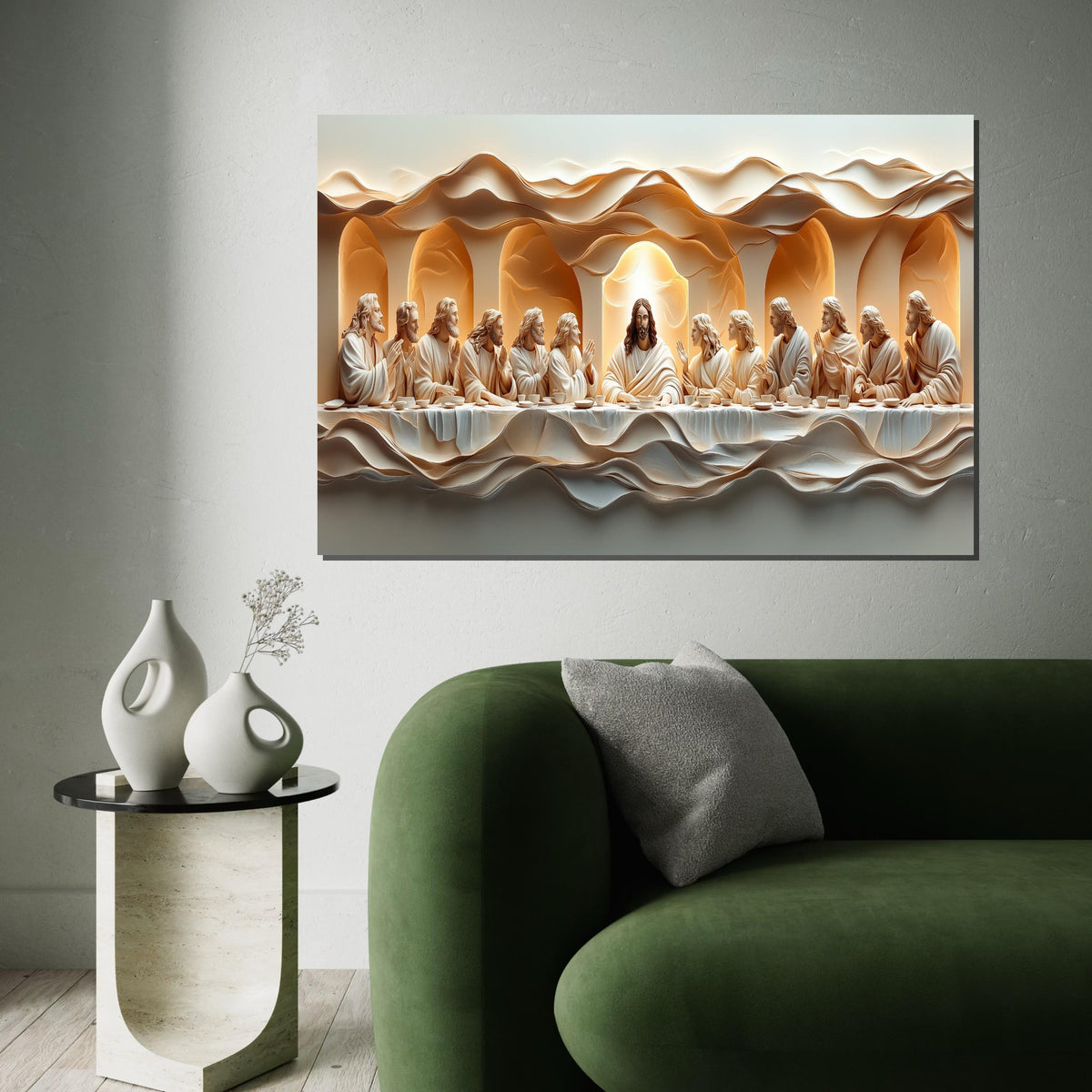 Textured 3D Embossed Oil Painting Style “The Last Supper” Canvas Print – Sculptural Biblical Wall Decor for Dining Room, Church, Home