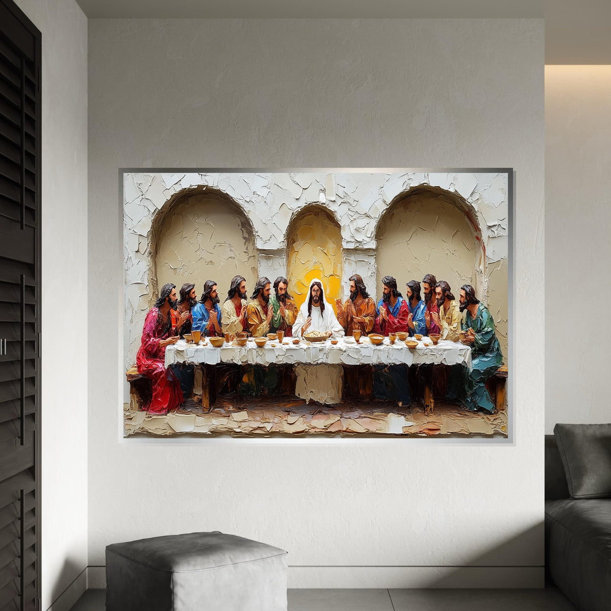 Deeply Textured 3D Embossed Oil Painting Style “The Last Supper” Canvas Print – Sculptural Biblical Scene Wall Decor for Dining Room,Church
