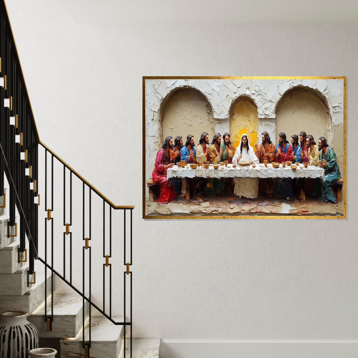 Deeply Textured 3D Embossed Oil Painting Style “The Last Supper” Canvas Print – Sculptural Biblical Scene Wall Decor for Dining Room,Church