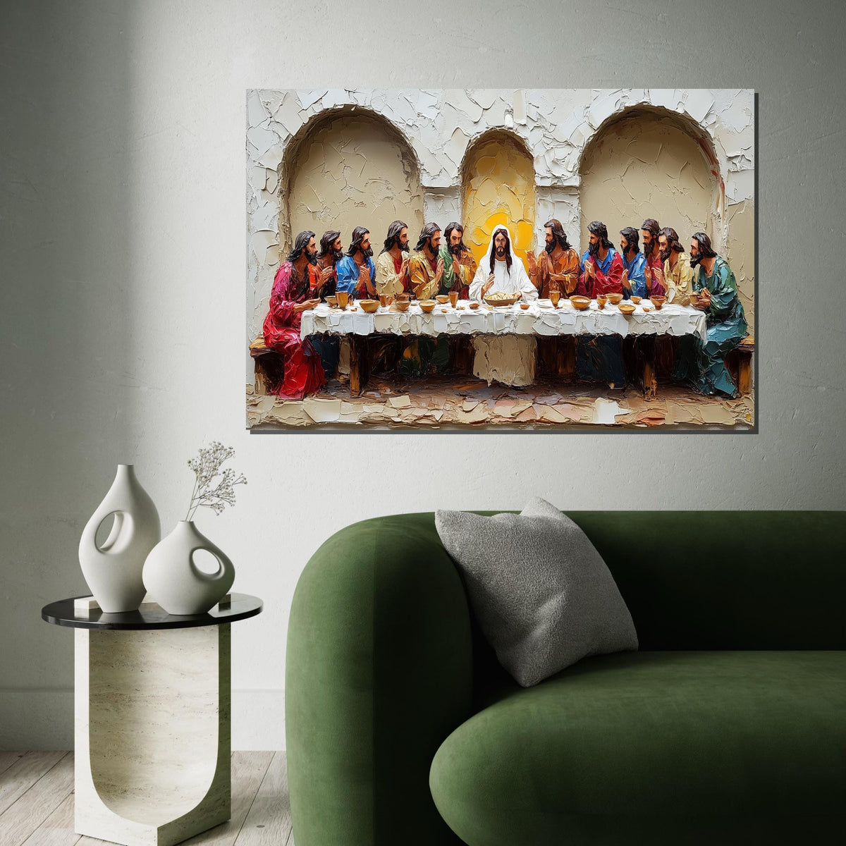 Deeply Textured 3D Embossed Oil Painting Style “The Last Supper” Canvas Print – Sculptural Biblical Scene Wall Decor for Dining Room,Church