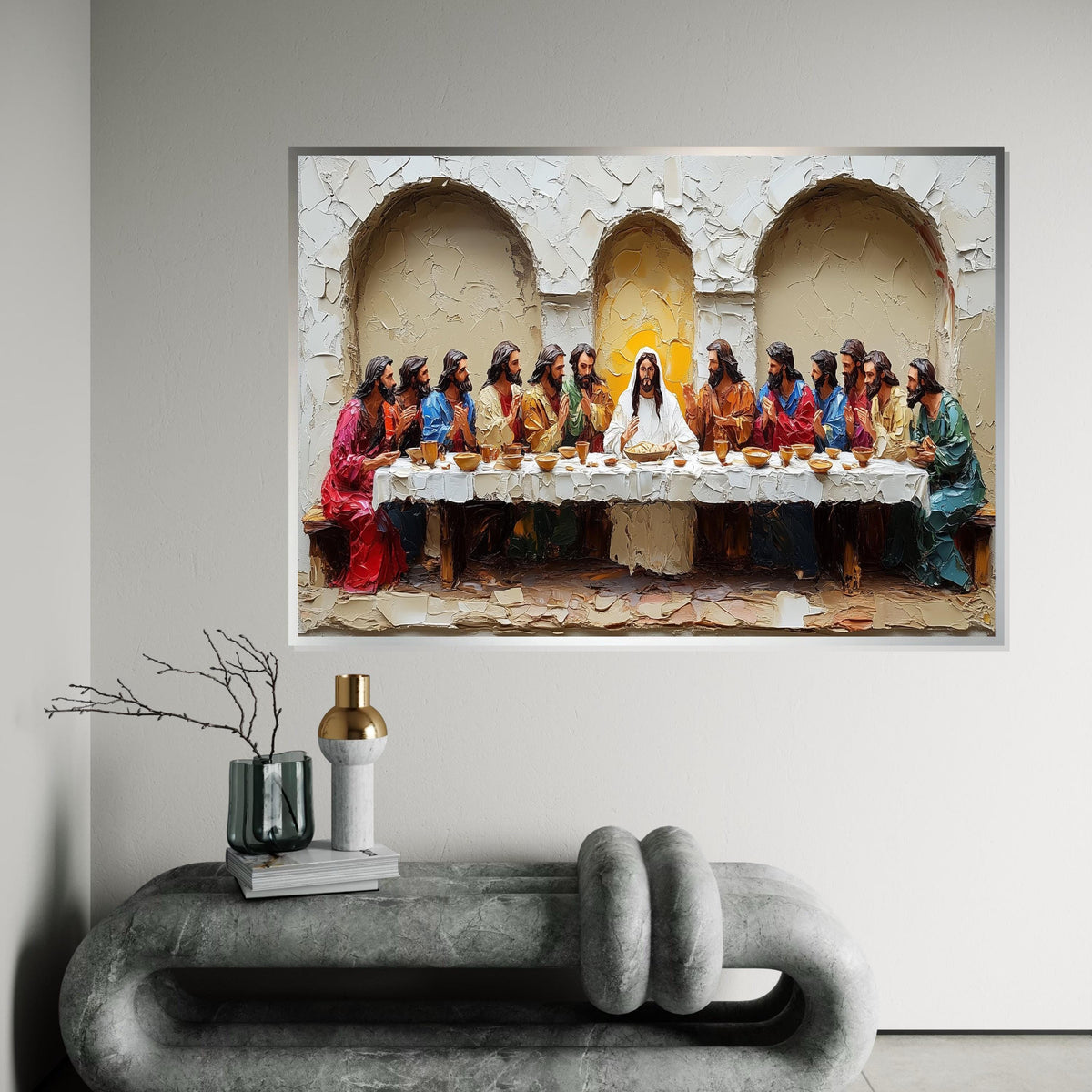 Deeply Textured 3D Embossed Oil Painting Style “The Last Supper” Canvas Print – Sculptural Biblical Scene Wall Decor for Dining Room,Church