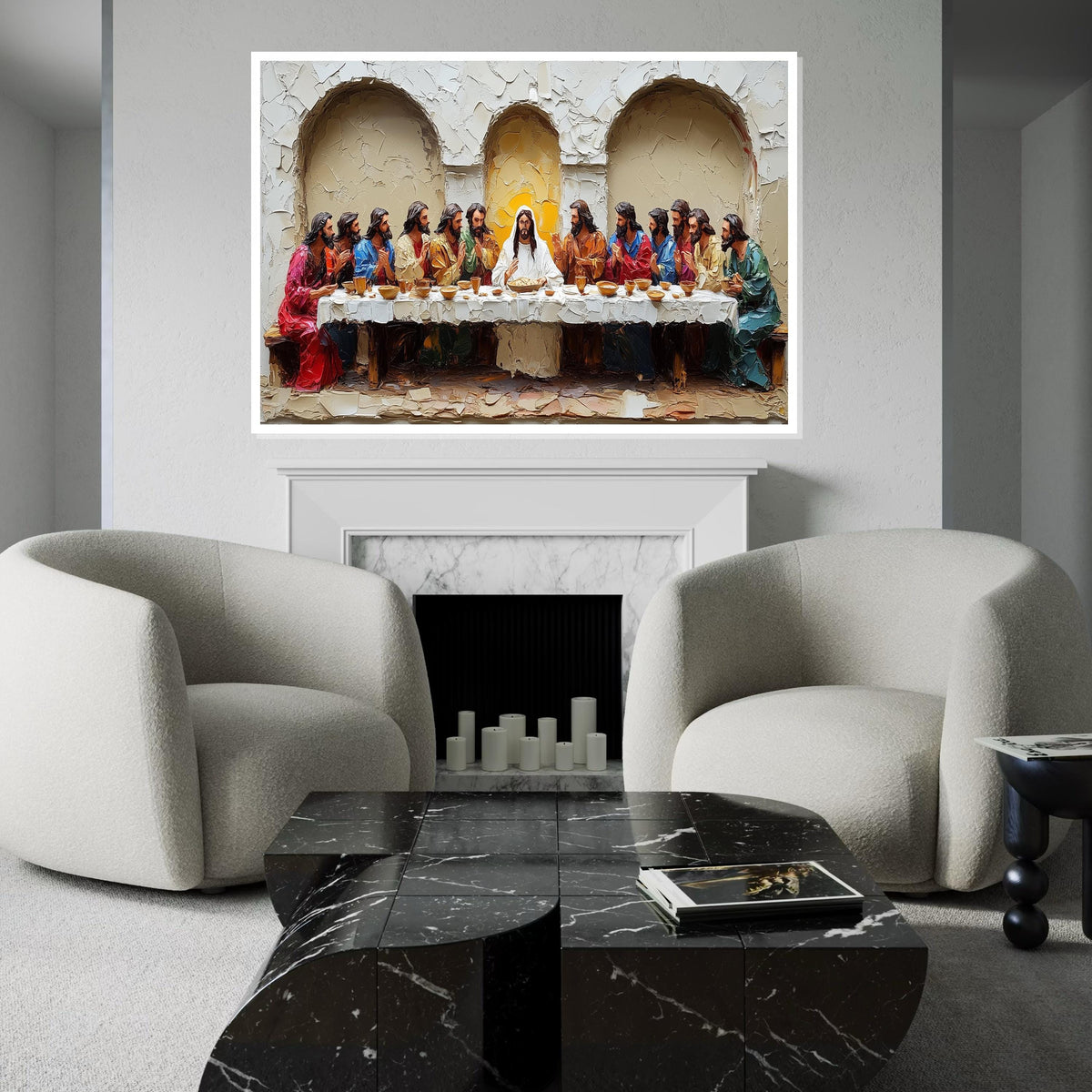 Deeply Textured 3D Embossed Oil Painting Style “The Last Supper” Canvas Print – Sculptural Biblical Scene Wall Decor for Dining Room,Church