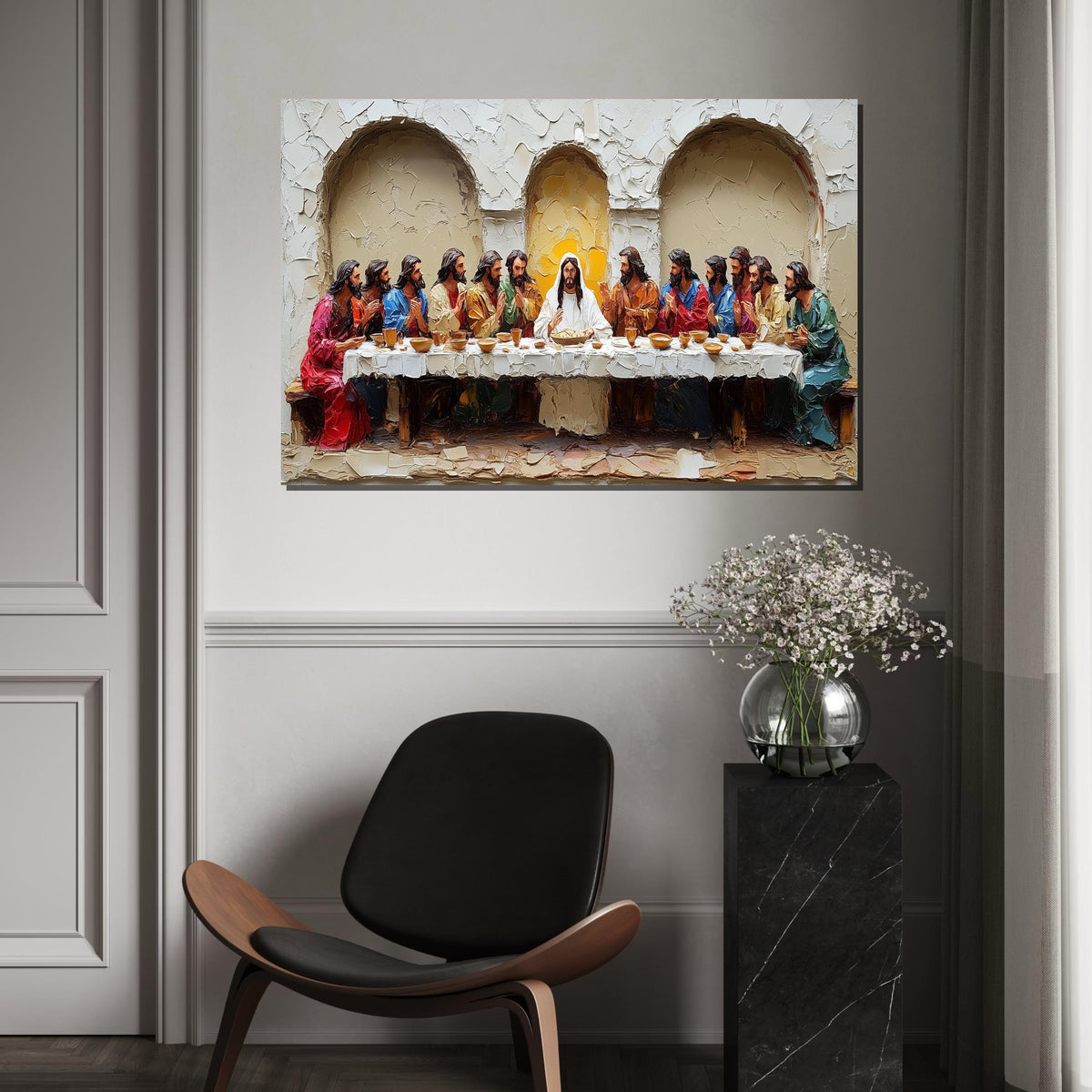 Deeply Textured 3D Embossed Oil Painting Style “The Last Supper” Canvas Print – Sculptural Biblical Scene Wall Decor for Dining Room,Church