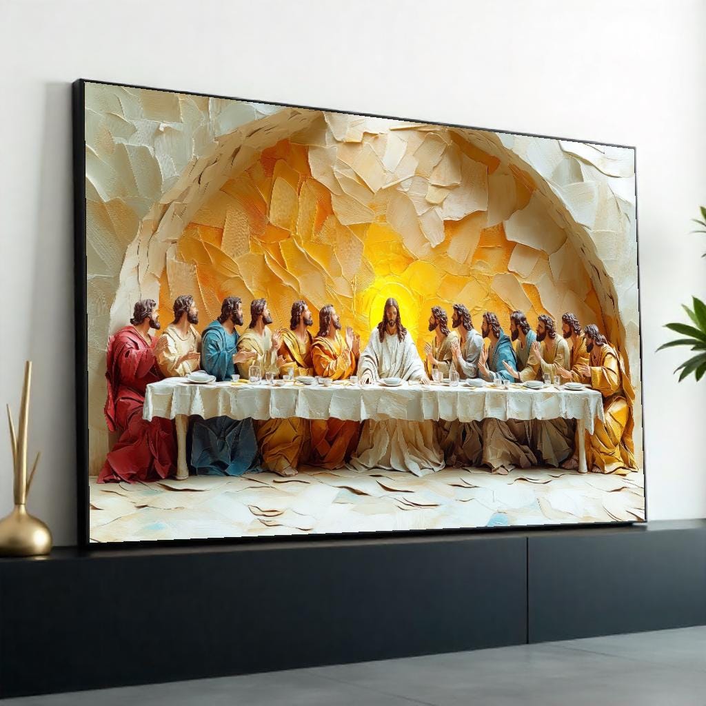3D Embossed Oil Painting Style “The Last Supper” Canvas Print – High Relief Biblical Wall Art for Dining Room, Church,Home Decor
