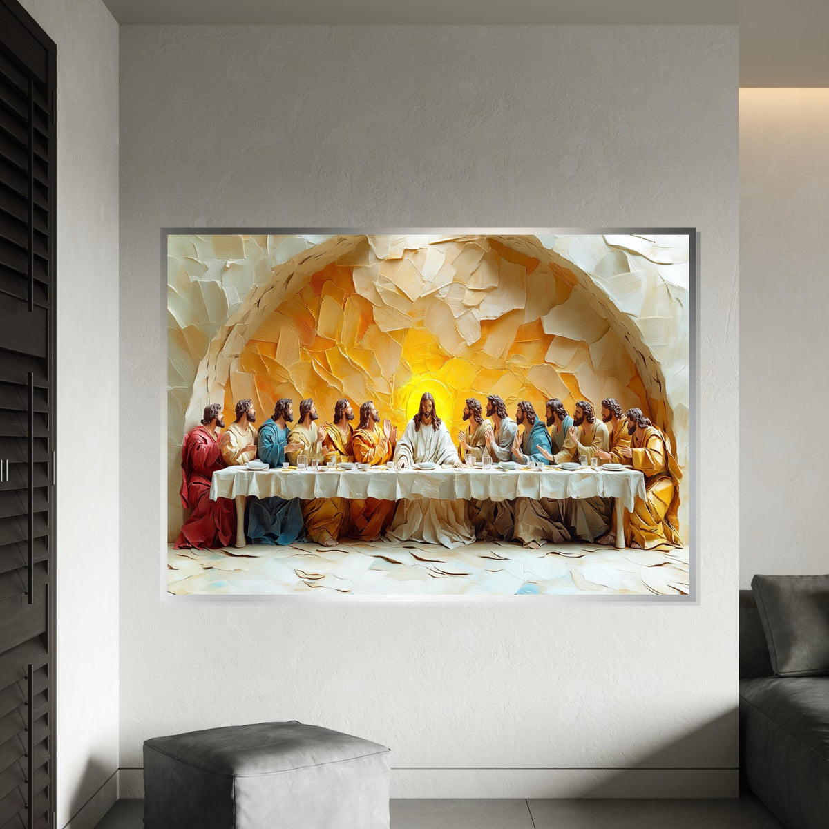 3D Embossed Oil Painting Style “The Last Supper” Canvas Print – High Relief Biblical Wall Art for Dining Room, Church,Home Decor