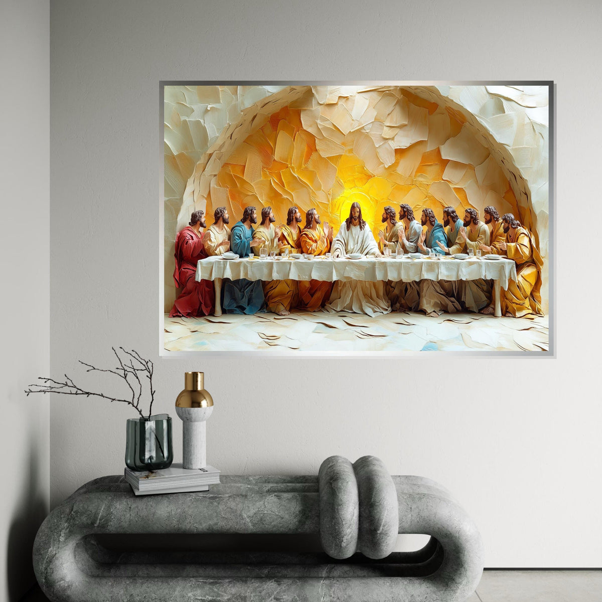 3D Embossed Oil Painting Style “The Last Supper” Canvas Print – High Relief Biblical Wall Art for Dining Room, Church,Home Decor