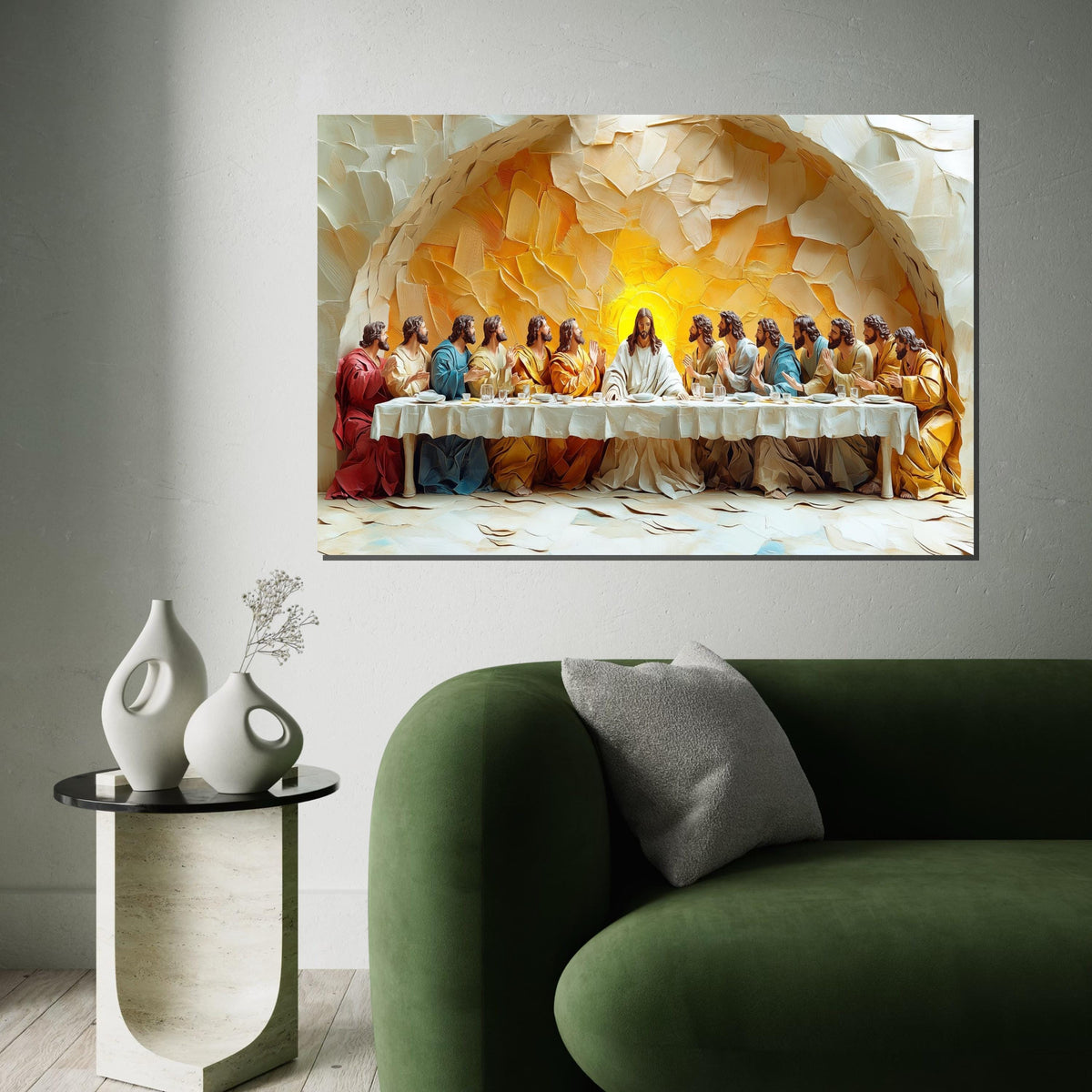 3D Embossed Oil Painting Style “The Last Supper” Canvas Print – High Relief Biblical Wall Art for Dining Room, Church,Home Decor