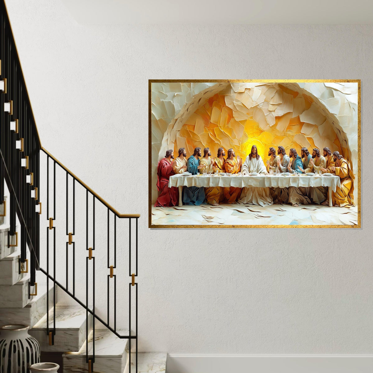 3D Embossed Oil Painting Style “The Last Supper” Canvas Print – High Relief Biblical Wall Art for Dining Room, Church,Home Decor