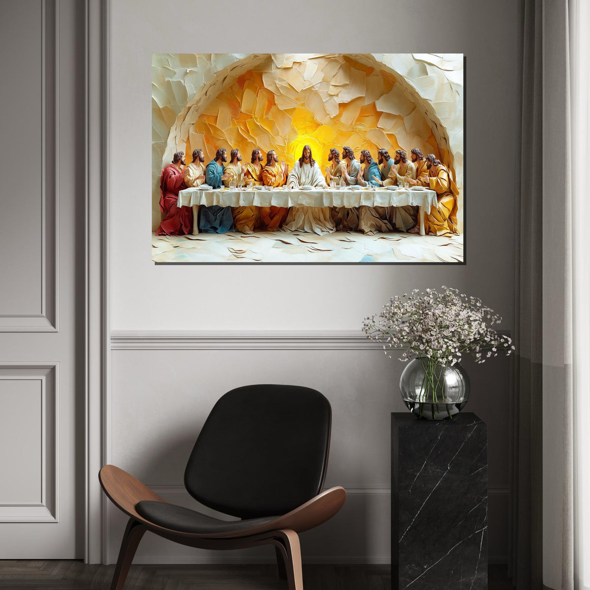 3D Embossed Oil Painting Style “The Last Supper” Canvas Print – High Relief Biblical Wall Art for Dining Room, Church,Home Decor