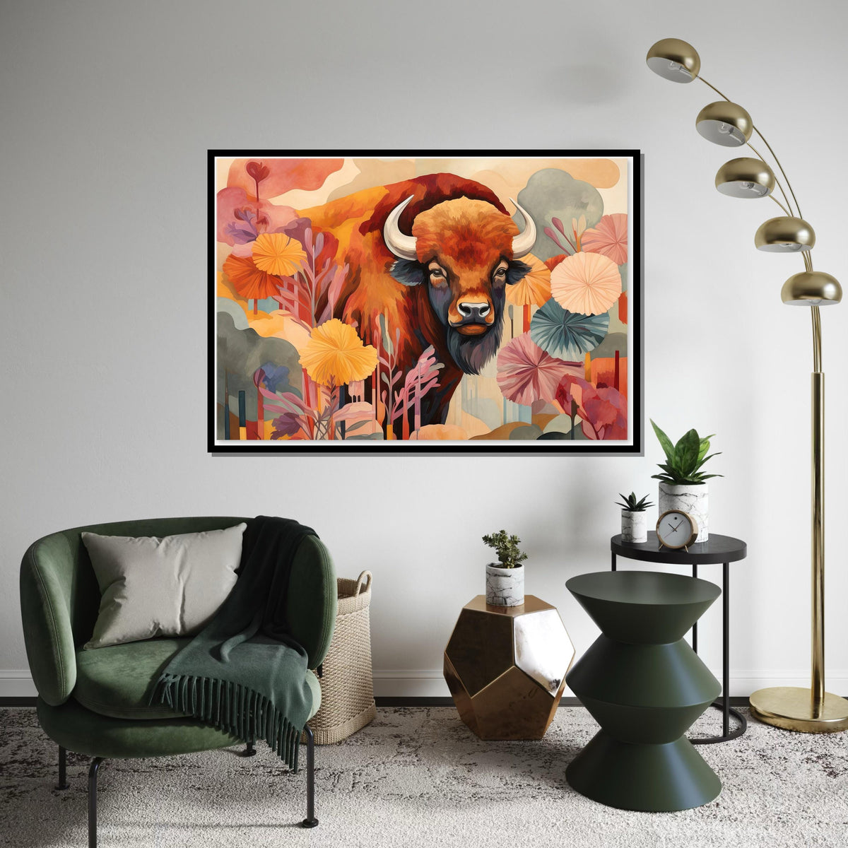 Bohemian Buffalo Canvas Art, Abstract Wildlife Print, Colorful Bison Painting, Boho Farmhouse Wall Decor, Rustic Animal Art