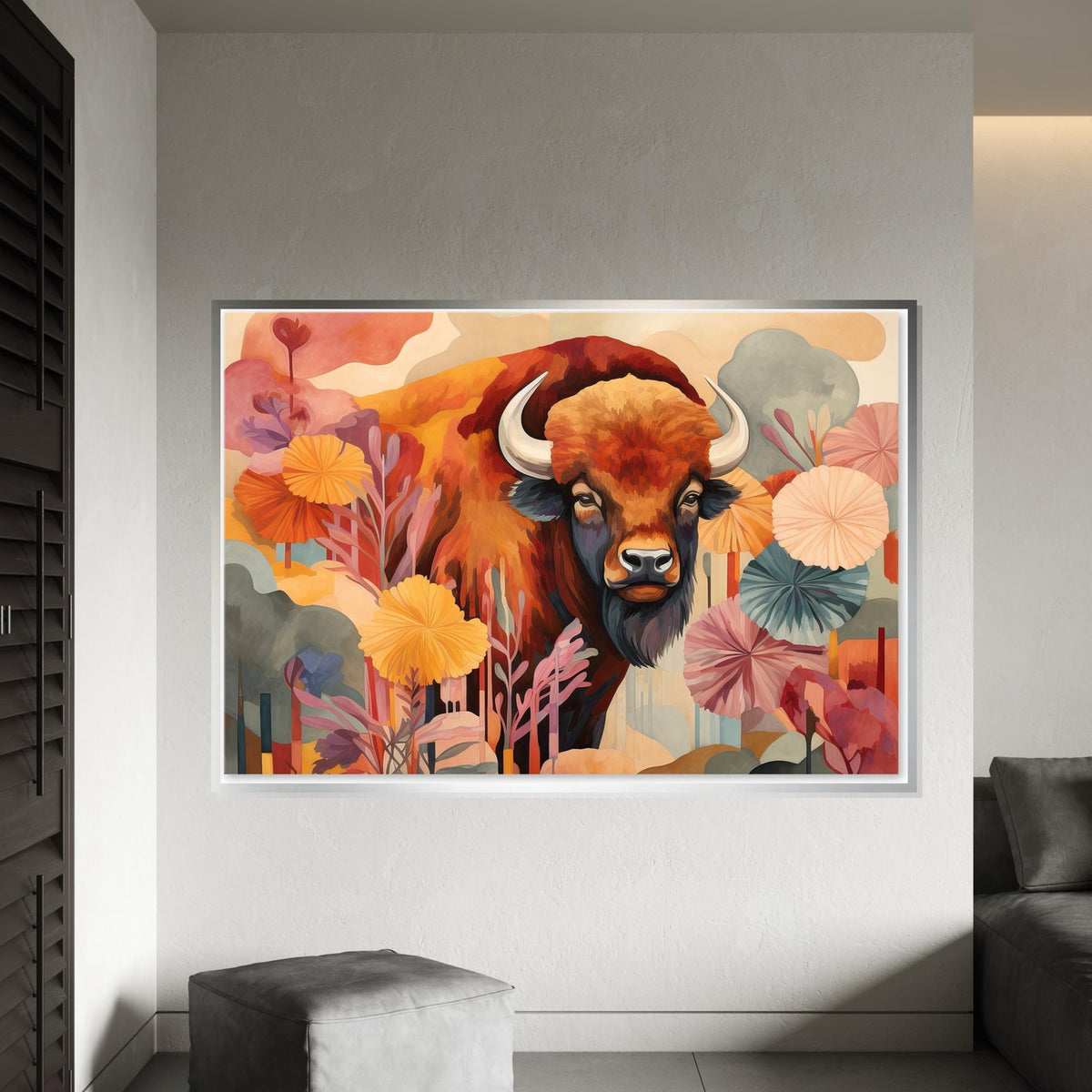 Bohemian Buffalo Canvas Art, Abstract Wildlife Print, Colorful Bison Painting, Boho Farmhouse Wall Decor, Rustic Animal Art