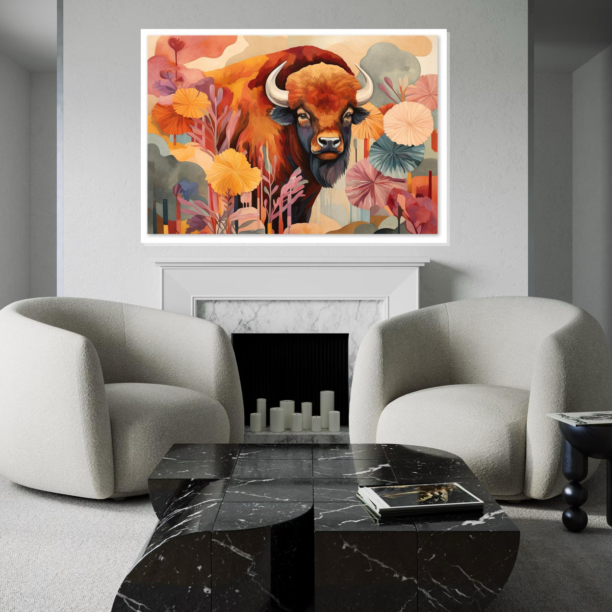 Bohemian Buffalo Canvas Art, Abstract Wildlife Print, Colorful Bison Painting, Boho Farmhouse Wall Decor, Rustic Animal Art