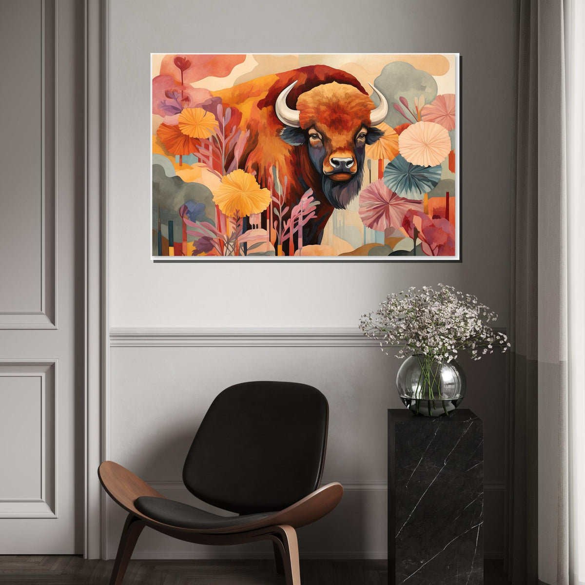 Bohemian Buffalo Canvas Art, Abstract Wildlife Print, Colorful Bison Painting, Boho Farmhouse Wall Decor, Rustic Animal Art