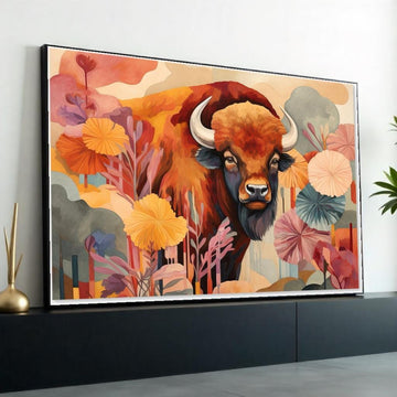 Bohemian Buffalo Canvas Art, Abstract Wildlife Print, Colorful Bison Painting, Boho Farmhouse Wall Decor, Rustic Animal Art