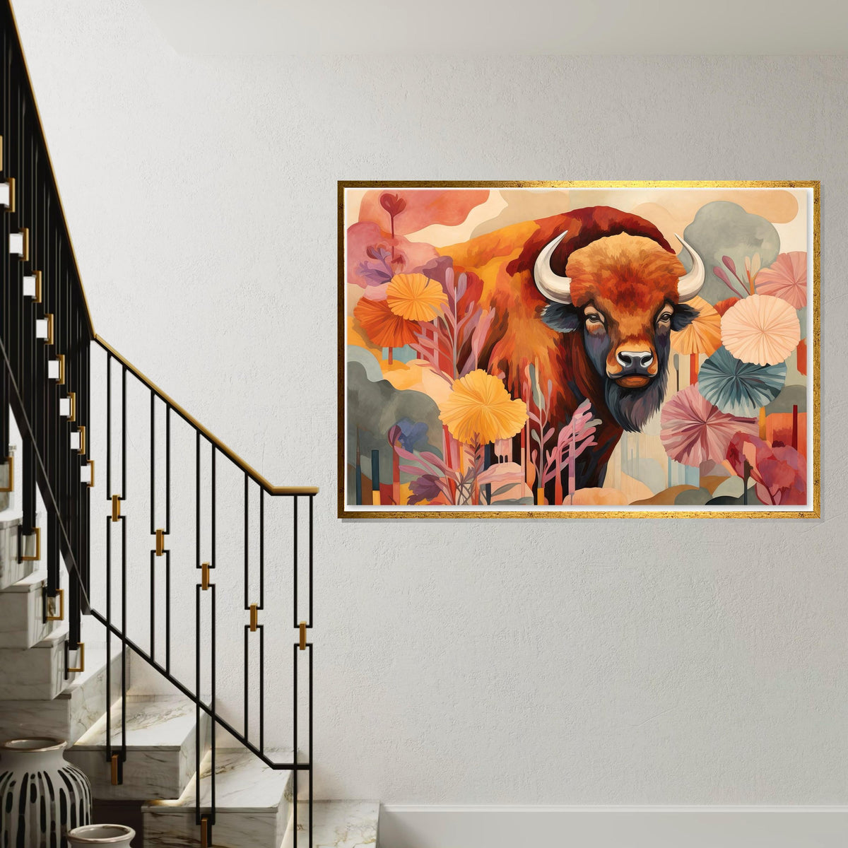 Bohemian Buffalo Canvas Art, Abstract Wildlife Print, Colorful Bison Painting, Boho Farmhouse Wall Decor, Rustic Animal Art
