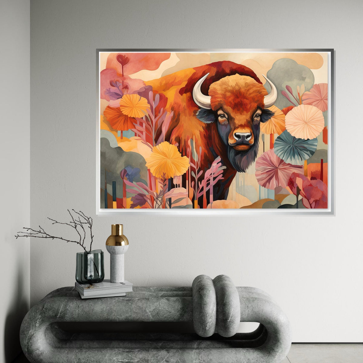 Bohemian Buffalo Canvas Art, Abstract Wildlife Print, Colorful Bison Painting, Boho Farmhouse Wall Decor, Rustic Animal Art