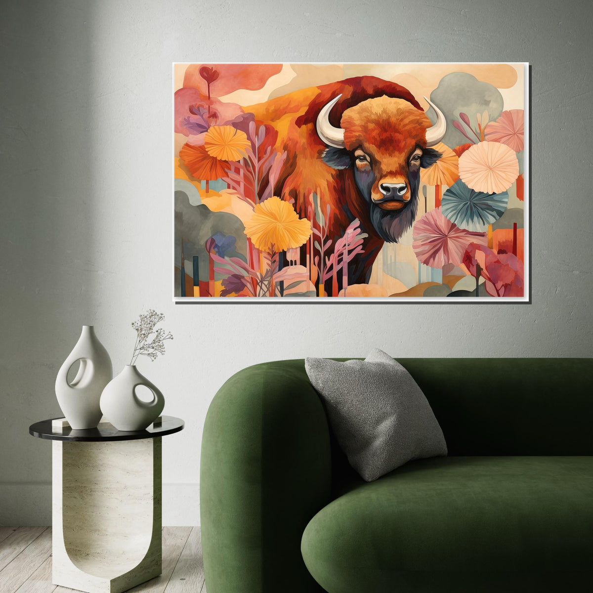 Bohemian Buffalo Canvas Art, Abstract Wildlife Print, Colorful Bison Painting, Boho Farmhouse Wall Decor, Rustic Animal Art