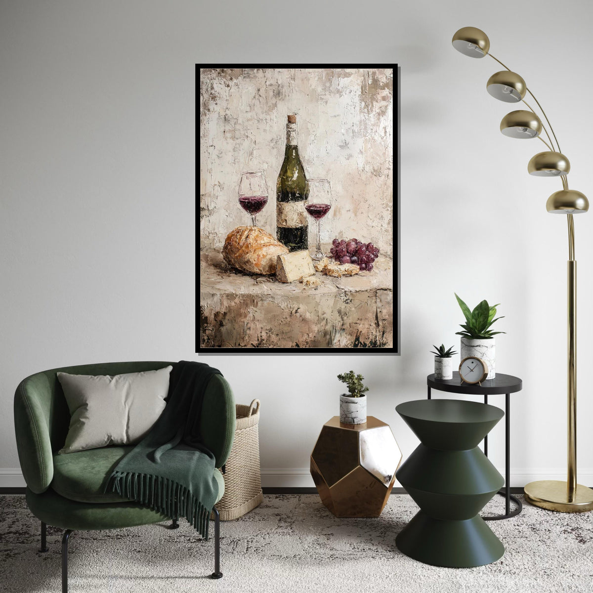 Rustic Still Life Canvas Art, Wine and Cheese Painting Print, Kitchen Dining Room Decor, Farmhouse Style Wall Art, Vintage Food Art