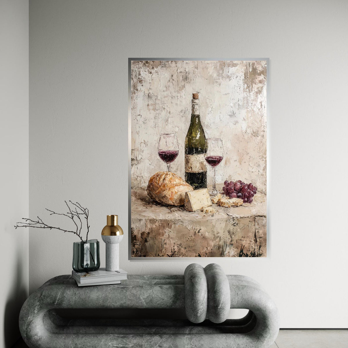 Rustic Still Life Canvas Art, Wine and Cheese Painting Print, Kitchen Dining Room Decor, Farmhouse Style Wall Art, Vintage Food Art