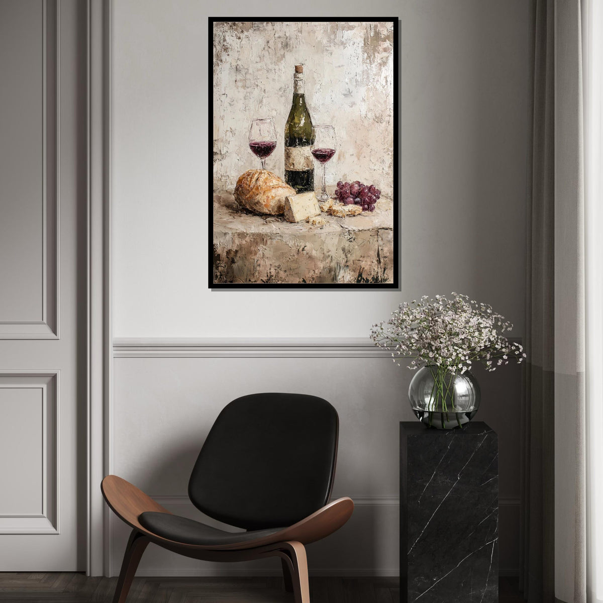 Rustic Still Life Canvas Art, Wine and Cheese Painting Print, Kitchen Dining Room Decor, Farmhouse Style Wall Art, Vintage Food Art