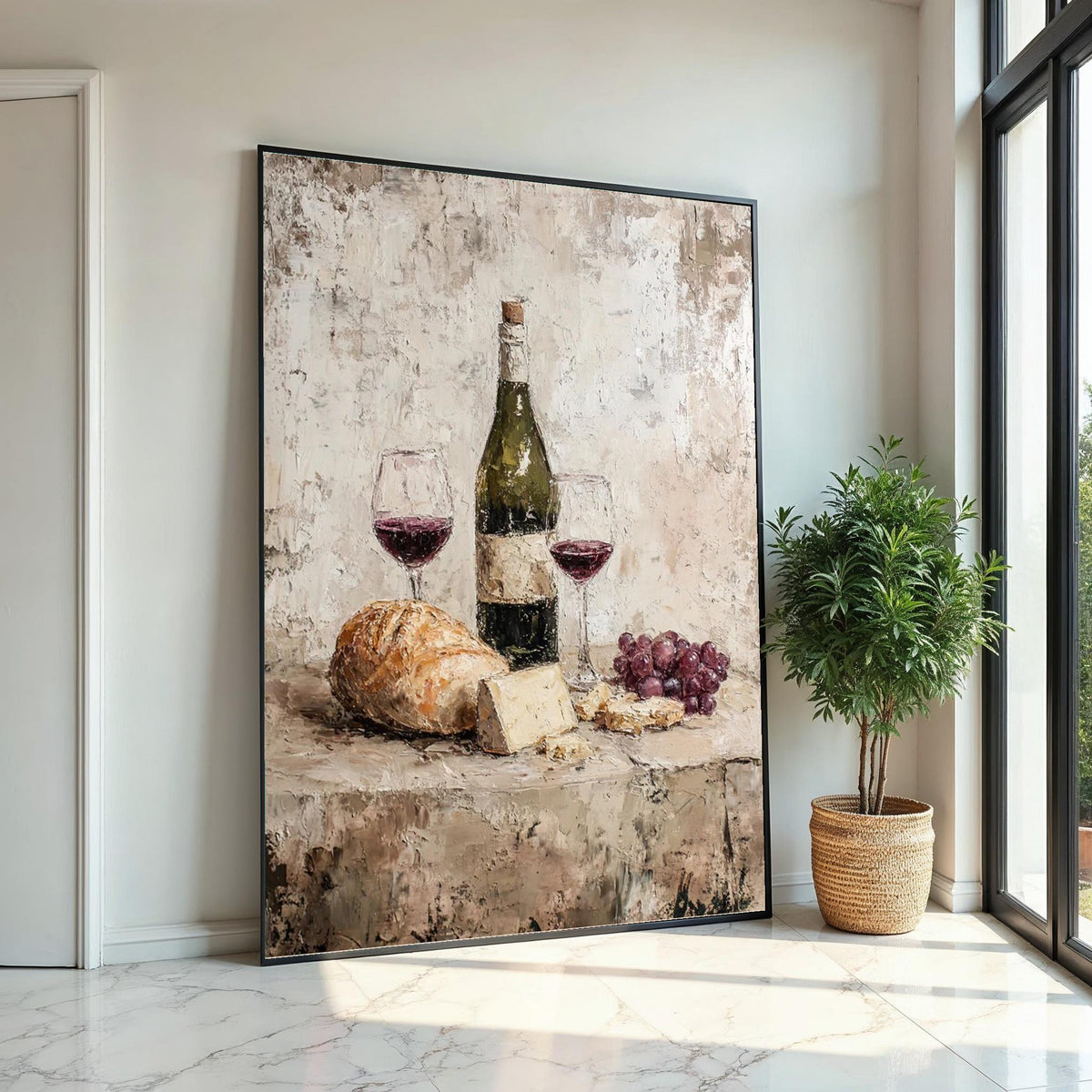 Rustic Still Life Canvas Art, Wine and Cheese Painting Print, Kitchen Dining Room Decor, Farmhouse Style Wall Art, Vintage Food Art