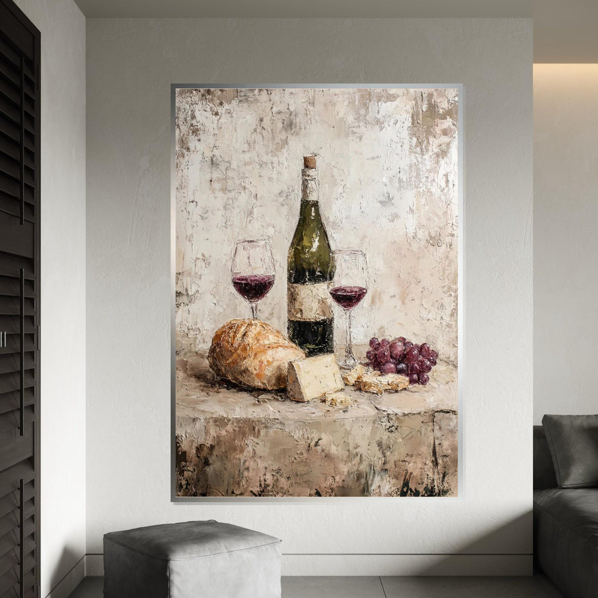 Rustic Still Life Canvas Art, Wine and Cheese Painting Print, Kitchen Dining Room Decor, Farmhouse Style Wall Art, Vintage Food Art