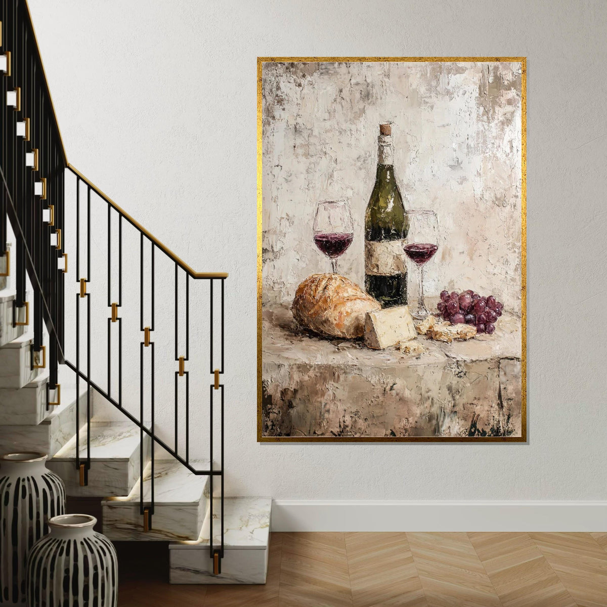 Rustic Still Life Canvas Art, Wine and Cheese Painting Print, Kitchen Dining Room Decor, Farmhouse Style Wall Art, Vintage Food Art