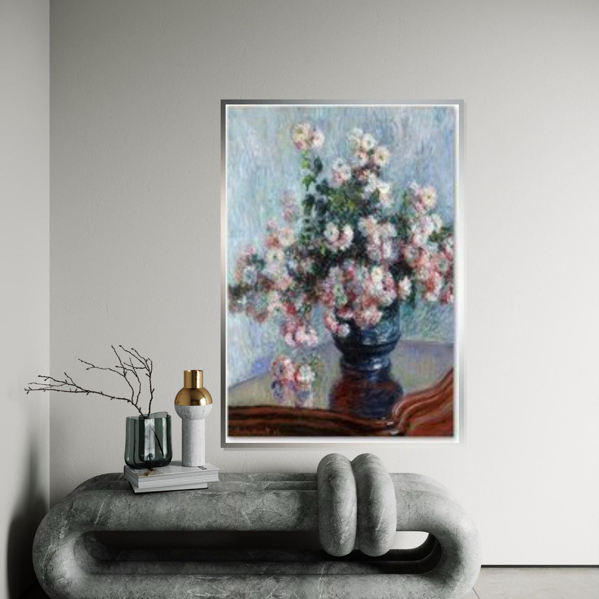 Impressionist Chrysanthemums Canvas Art,Monet Style Flower Print,Vibrant Floral Wall Decor,ColorfulBotanical Painting Effect Living Room Art