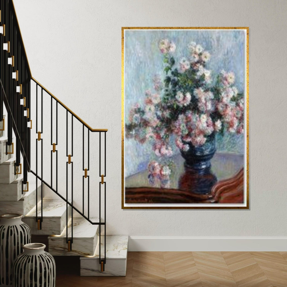 Impressionist Chrysanthemums Canvas Art,Monet Style Flower Print,Vibrant Floral Wall Decor,ColorfulBotanical Painting Effect Living Room Art