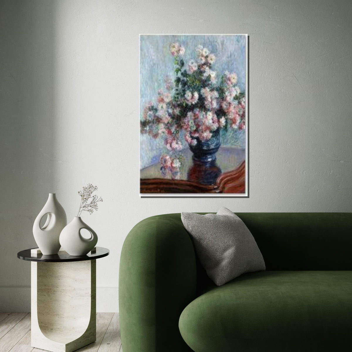 Impressionist Chrysanthemums Canvas Art,Monet Style Flower Print,Vibrant Floral Wall Decor,ColorfulBotanical Painting Effect Living Room Art