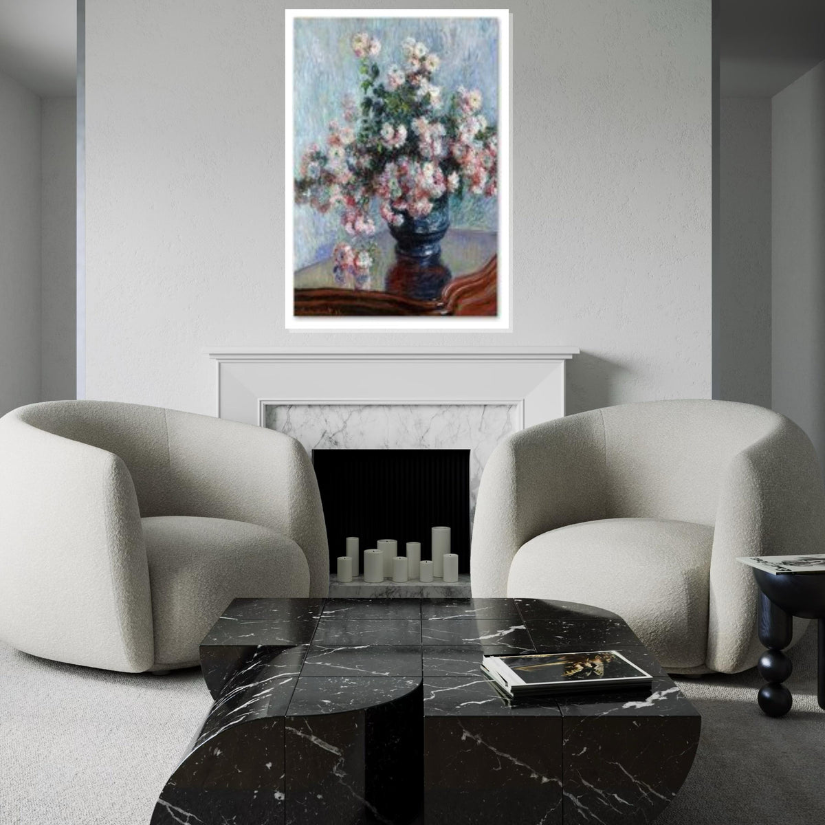 Impressionist Chrysanthemums Canvas Art,Monet Style Flower Print,Vibrant Floral Wall Decor,ColorfulBotanical Painting Effect Living Room Art