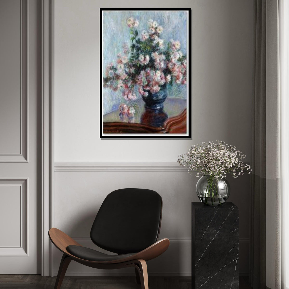 Impressionist Chrysanthemums Canvas Art,Monet Style Flower Print,Vibrant Floral Wall Decor,ColorfulBotanical Painting Effect Living Room Art