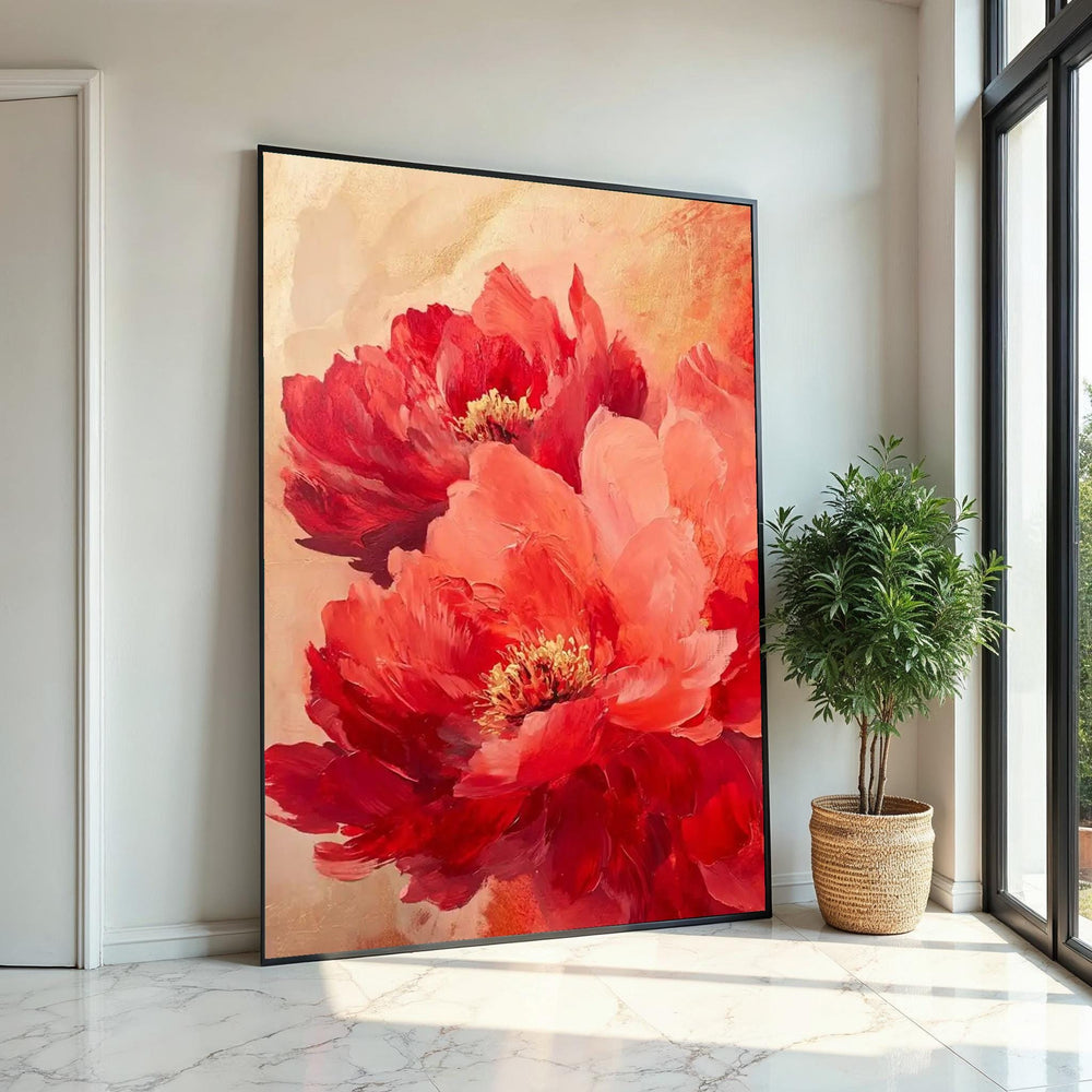 Vibrant Red Peonies Canvas Art,LargeFloral Wall Decor,Abstract Flower Painting Print,Botanical Art Print,Living Room Wall Art,Romantic Decor