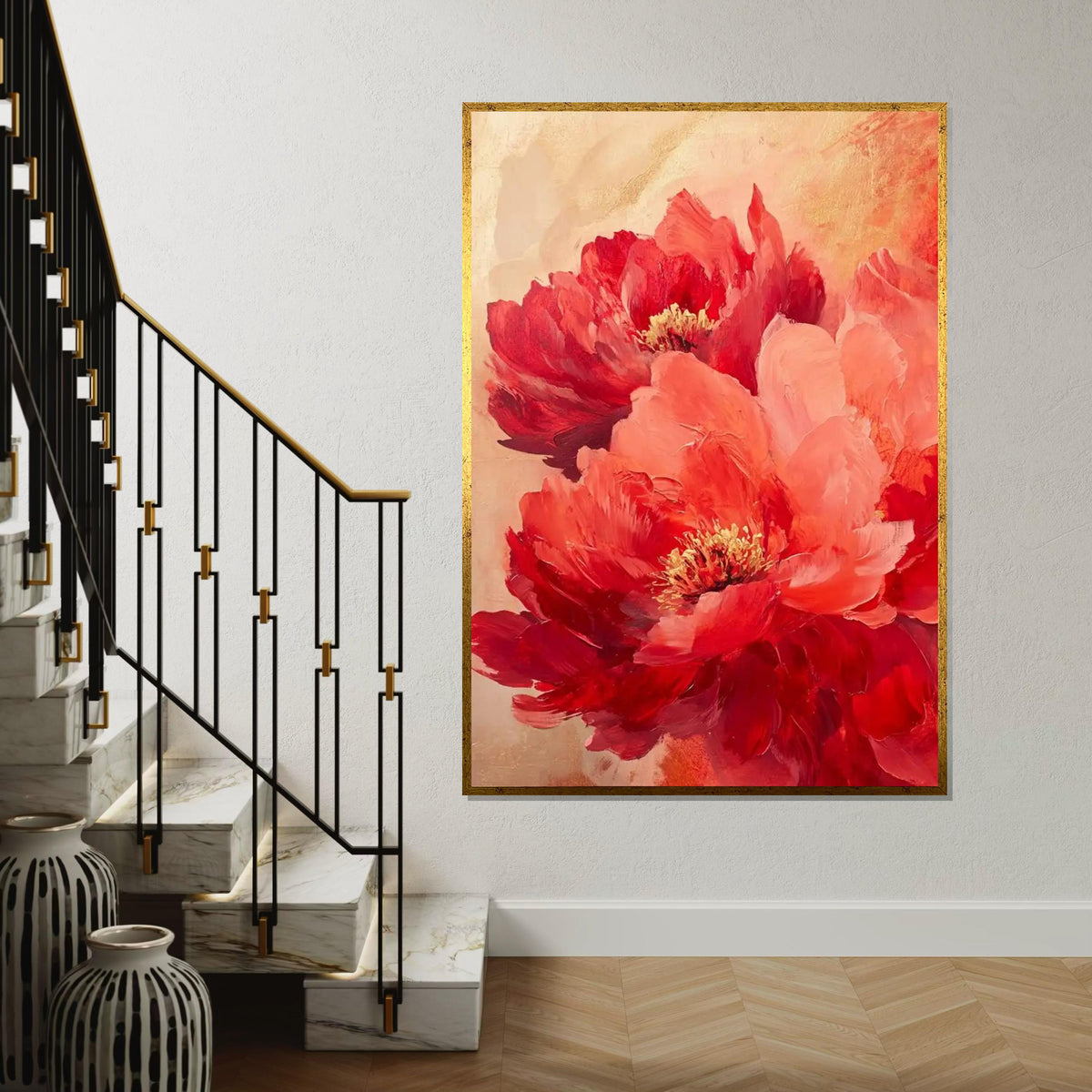 Vibrant Red Peonies Canvas Art,LargeFloral Wall Decor,Abstract Flower Painting Print,Botanical Art Print,Living Room Wall Art,Romantic Decor