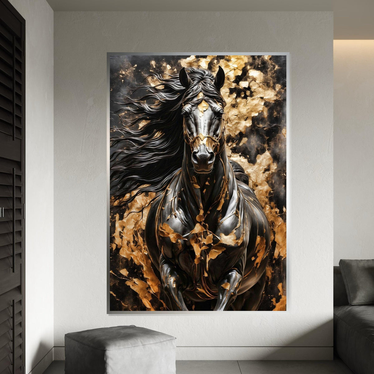Majestic Black Horse Canvas, Golden Accents Horse Art, Wall Art Canvas Design, Elegant Horse Print, Framed Ready To Hang Decoration