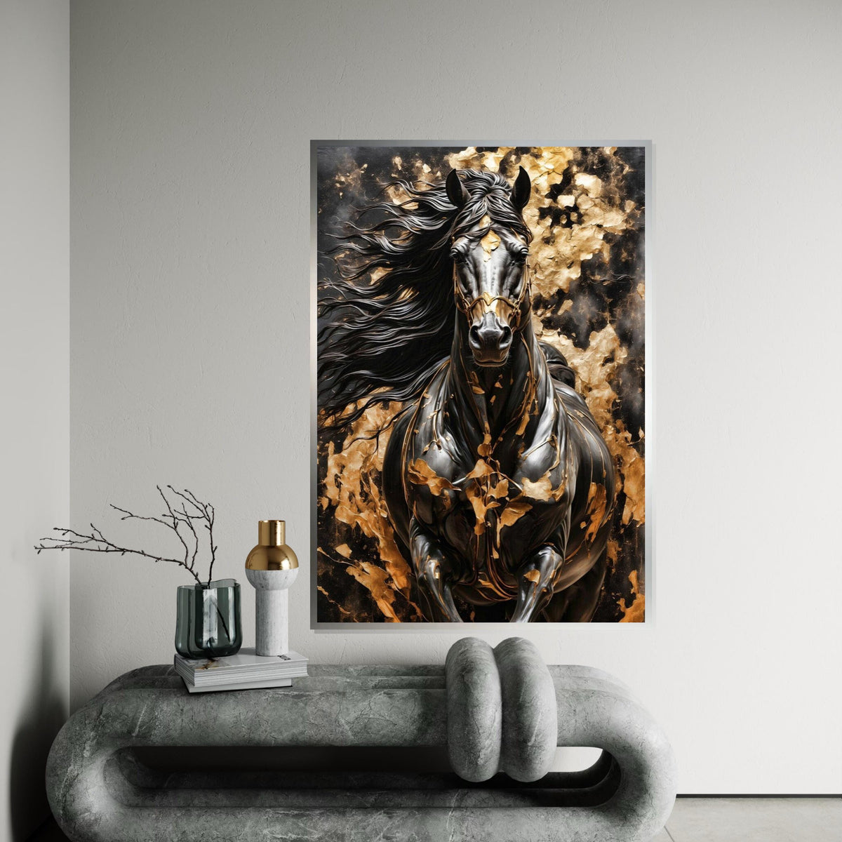 Majestic Black Horse Canvas, Golden Accents Horse Art, Wall Art Canvas Design, Elegant Horse Print, Framed Ready To Hang Decoration