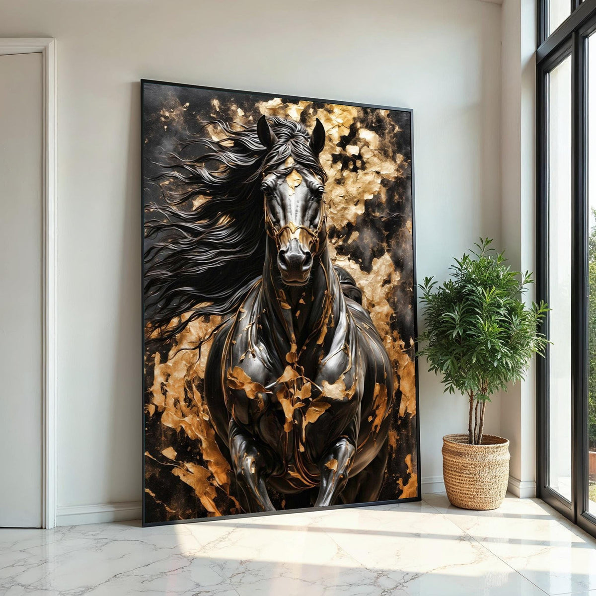 Majestic Black Horse Canvas, Golden Accents Horse Art, Wall Art Canvas Design, Elegant Horse Print, Framed Ready To Hang Decoration