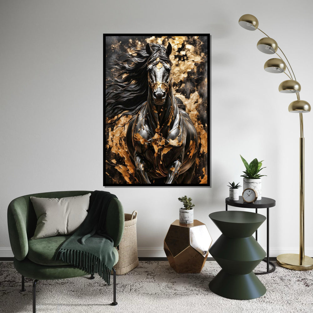 Majestic Black Horse Canvas, Golden Accents Horse Art, Wall Art Canvas Design, Elegant Horse Print, Framed Ready To Hang Decoration