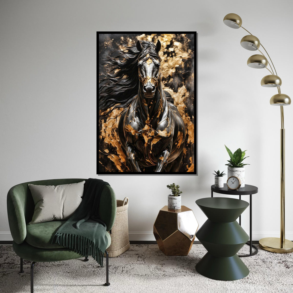 Majestic Black Horse Canvas, Golden Accents Horse Art, Wall Art Canvas Design, Elegant Horse Print, Framed Ready To Hang Decoration