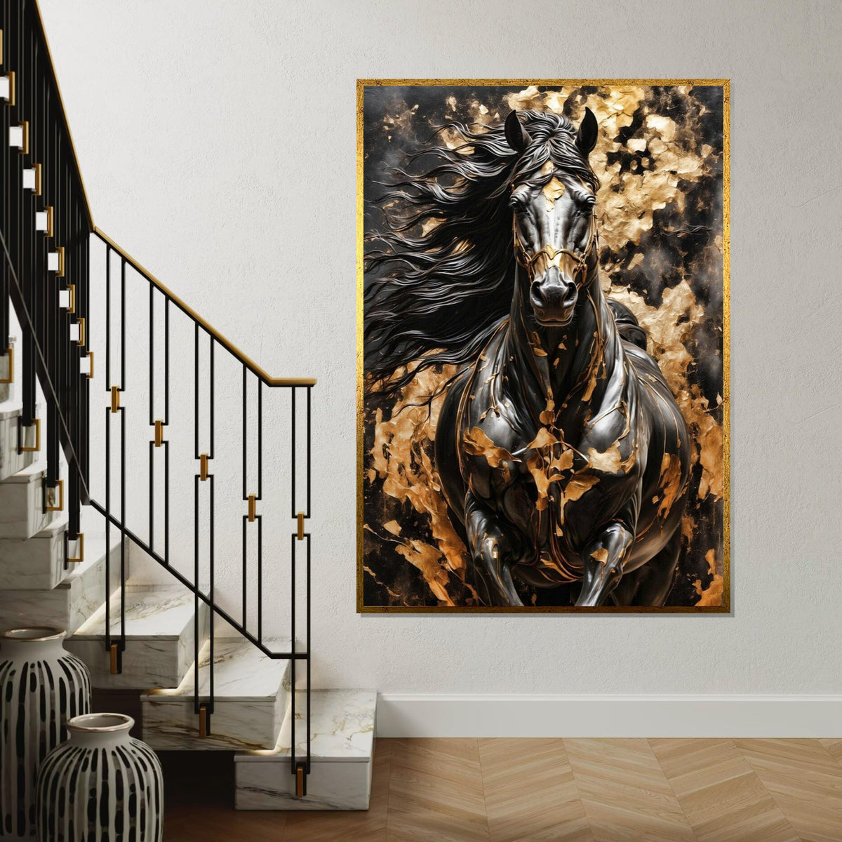 Majestic Black Horse Canvas, Golden Accents Horse Art, Wall Art Canvas Design, Elegant Horse Print, Framed Ready To Hang Decoration