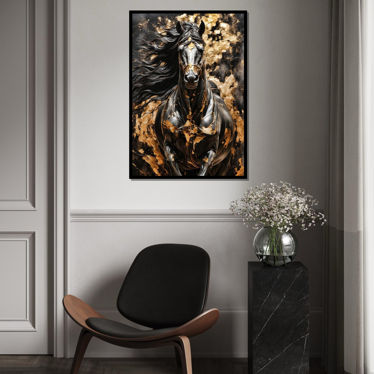 Majestic Black Horse Canvas, Golden Accents Horse Art, Wall Art Canvas Design, Elegant Horse Print, Framed Ready To Hang Decoration