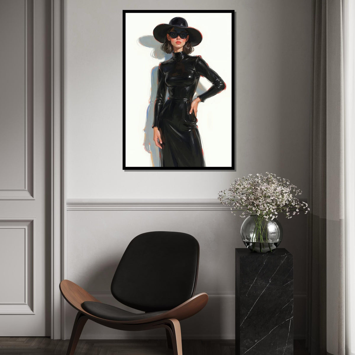 Chic Lady in Black, Elegant Woman Canvas, Fashion Wall Art, Glamorous Portrait, Wall Art Canvas Design, Ready to Hang Home Decor