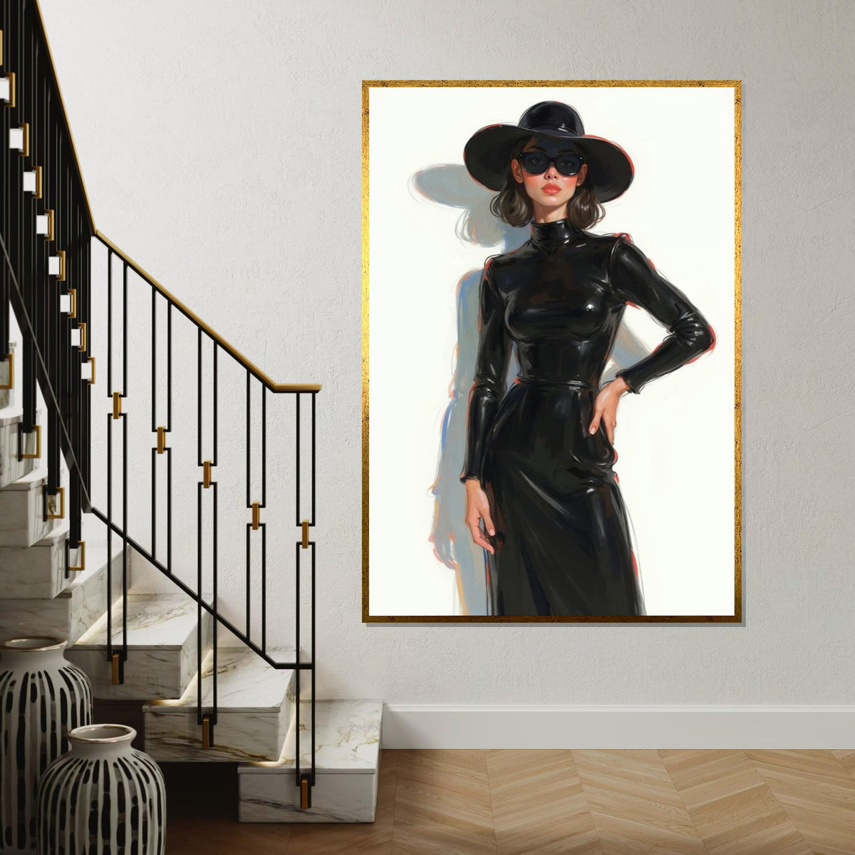 Chic Lady in Black, Elegant Woman Canvas, Fashion Wall Art, Glamorous Portrait, Wall Art Canvas Design, Ready to Hang Home Decor